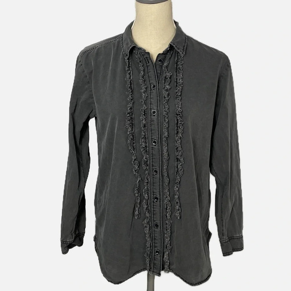 Pilcro Anthropologie Juni Button Up Shirt Top Gray Ruffle Distressed Small - Picture 1 of 11